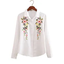 Autumn White and Striped Embroidered Female Shirts Long sleeves Flower Pattern Women Blouses Office Tops Bust Size 92CM-108CM