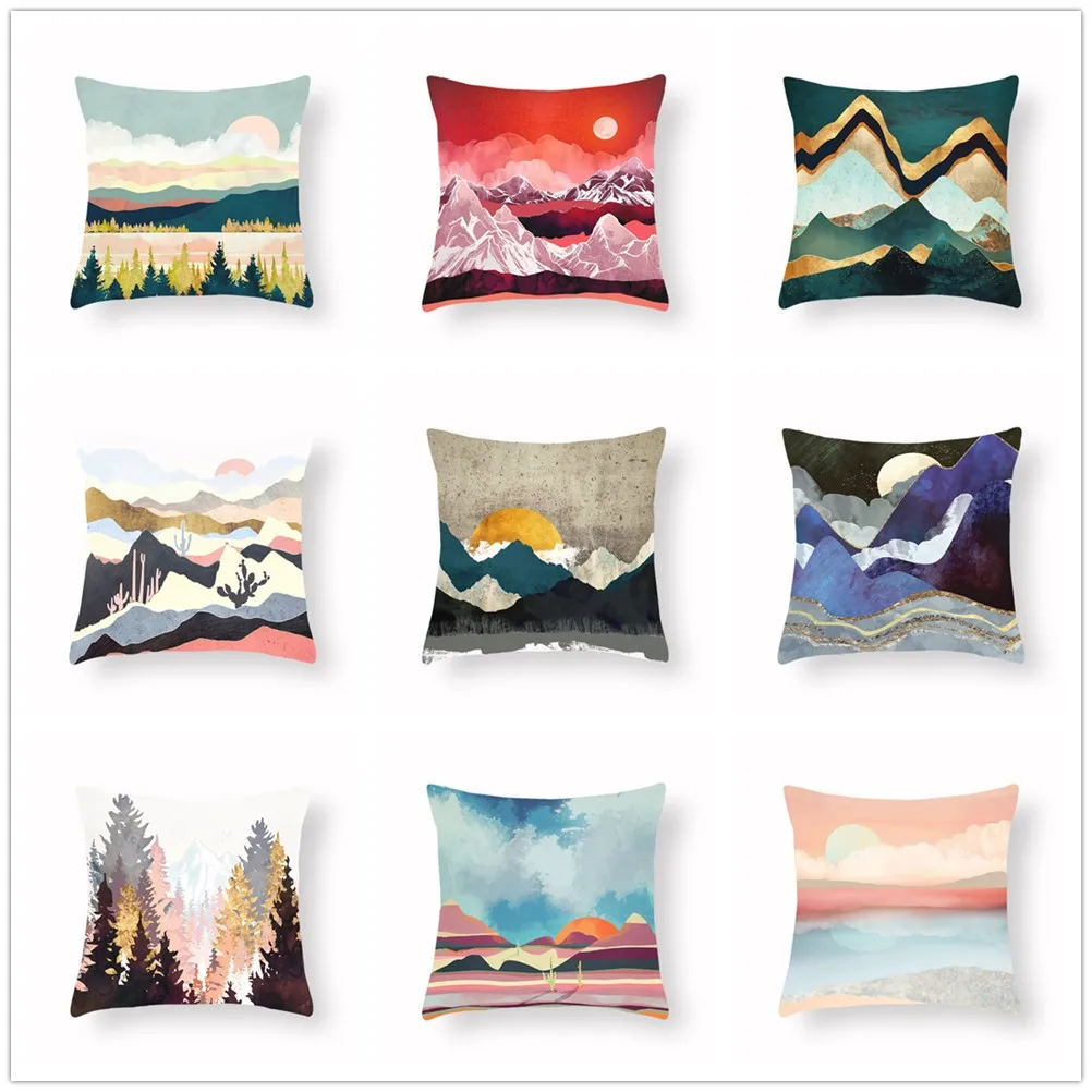 

Colorful Geometric Mountain Peaks Sun Moon Creative Cushion Cover Abstract Painting Soft Sofa Bed Living Room Home Decor 45x45cm