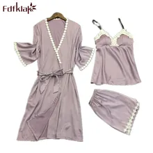 Fdfklak Домашняя одежда женские пижамы весна лето искусственный шелк 3 шт. Женская одежда для сна Сексуальный Атласный пижамный комплект Пижама с кружевами Q641