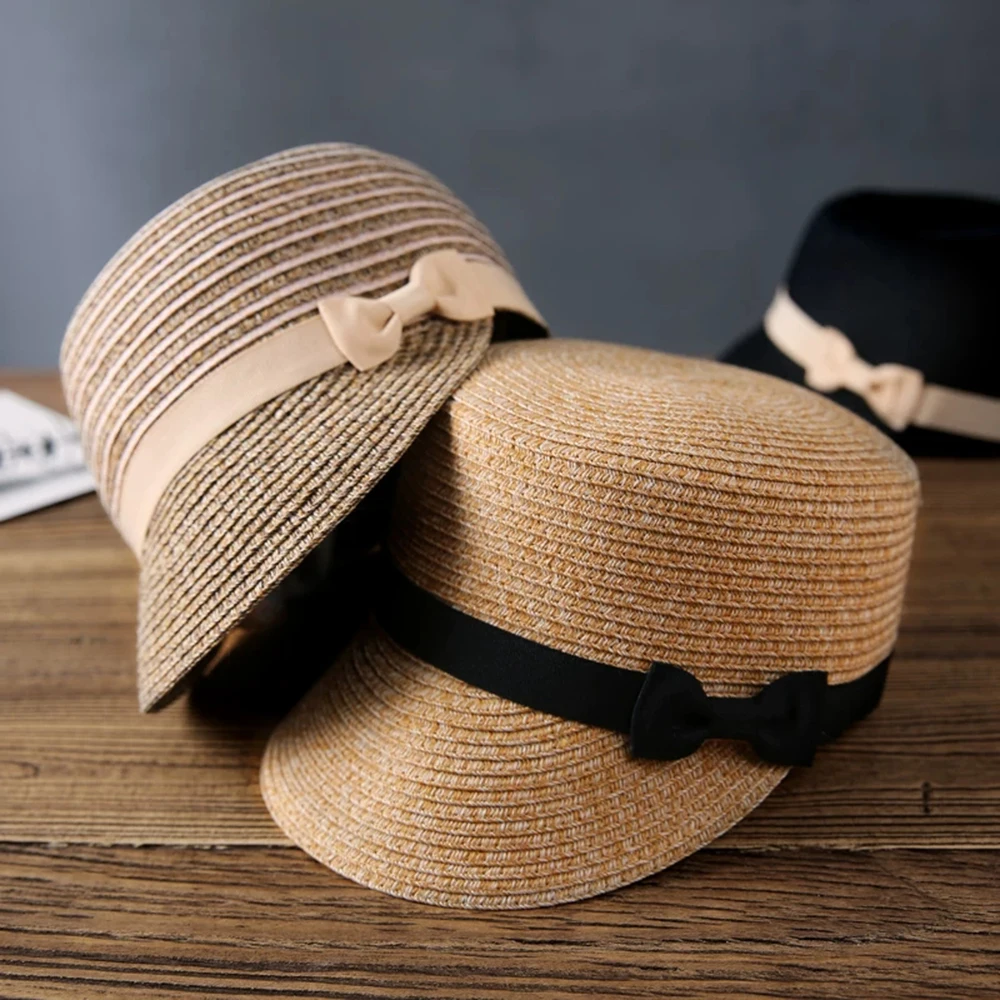 new summer Ribbon sun hats Breathable Chapeau soft breathable women straw Visor patchwork striped bow beach cap out door
