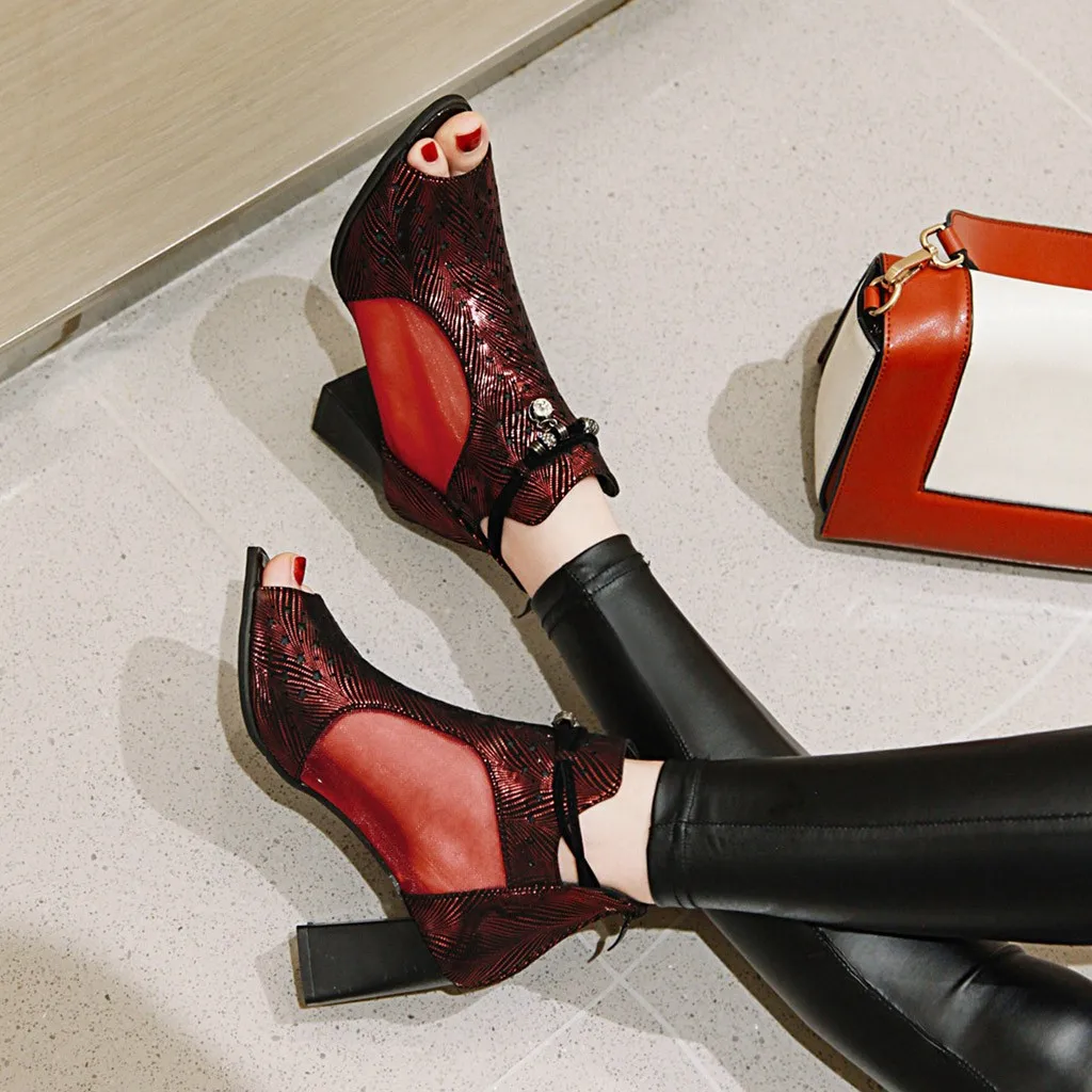 

Women sandals ladies leather sexy Crystal Fish Mouth Hollow Out Peep Toe square heels red Sandals High ankle Heeled mujer Shoes