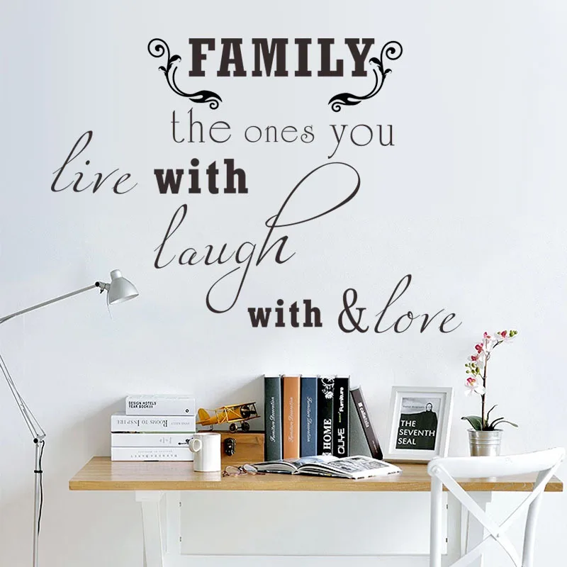 

Family is the Ones you Live with Love Laugh Wall Art Mural Poster Quote Black Monogram Wall Stickers English Inspiration Motif