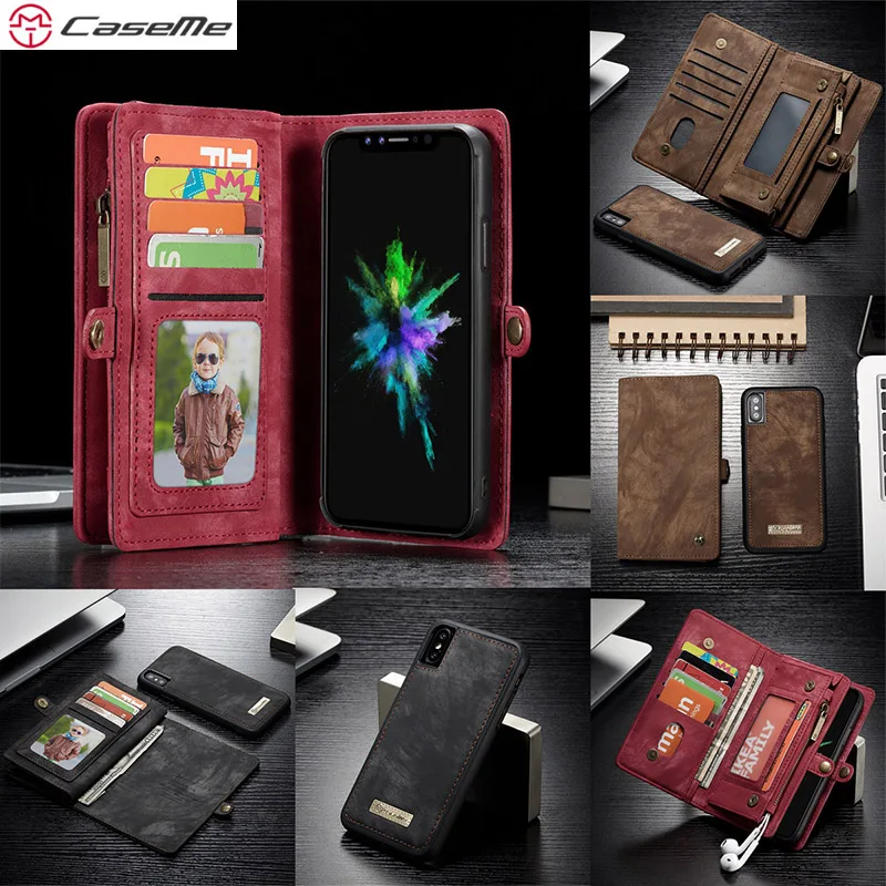 

For iPhone X Wallet Case CaseMe For iPhone 8 Magnet Back Cover Split Leather Zipper Bag Multi Slots Case for iPhone 8 Plus Coque