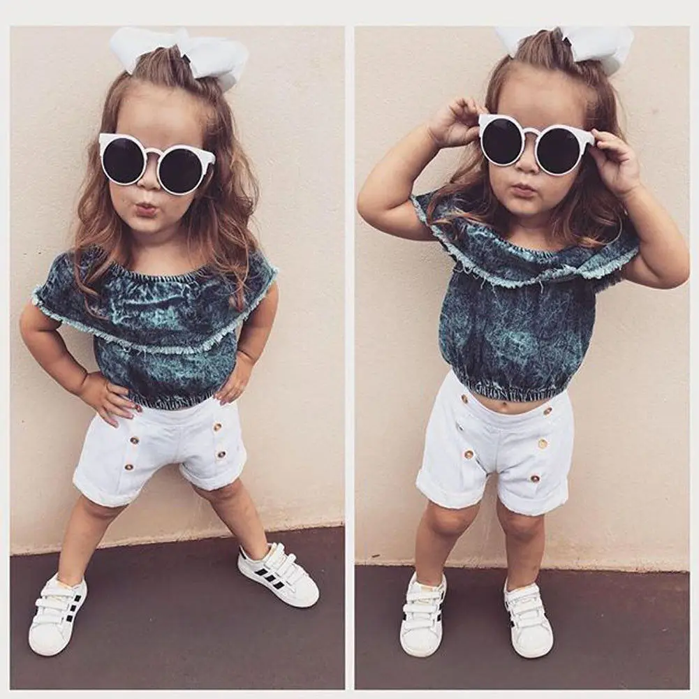 1 6T Infant Kids Baby Girls Off Shoulder Crop Top Short Pants Jeans