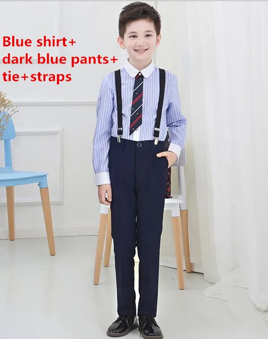 Комплекты весенней одежды для маленьких мальчиков Деловые костюмы в синюю полоску для маленьких джентльменов Комплекты одежды для мальчиков Наборы свадебной одежды(брюки+рубашка+подтяжки+галстук - Цвет: as picture