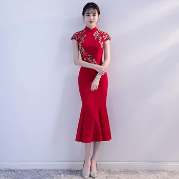 

Sexy Short Sleeve Female Vintage Qipao Floral Elegant Long Mermaid Dress Asian Bride Toast Clothes Classic Chinese Cheongsam