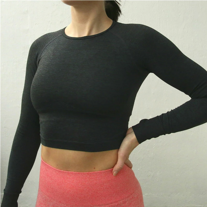 

Toppick Women Cropped Seamless Long Sleeve Top Sports Wear for Women Gym Yoga Shirt Thumb Hole Fitted Workout Shirts for Women