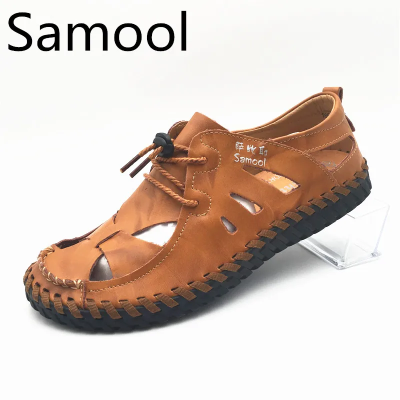 

Mens Casual Genuine Leather Handmade Fashion Outdoor Summer Sandals Pack Toe Slip-on Rubber Soles For Gentleman QX5