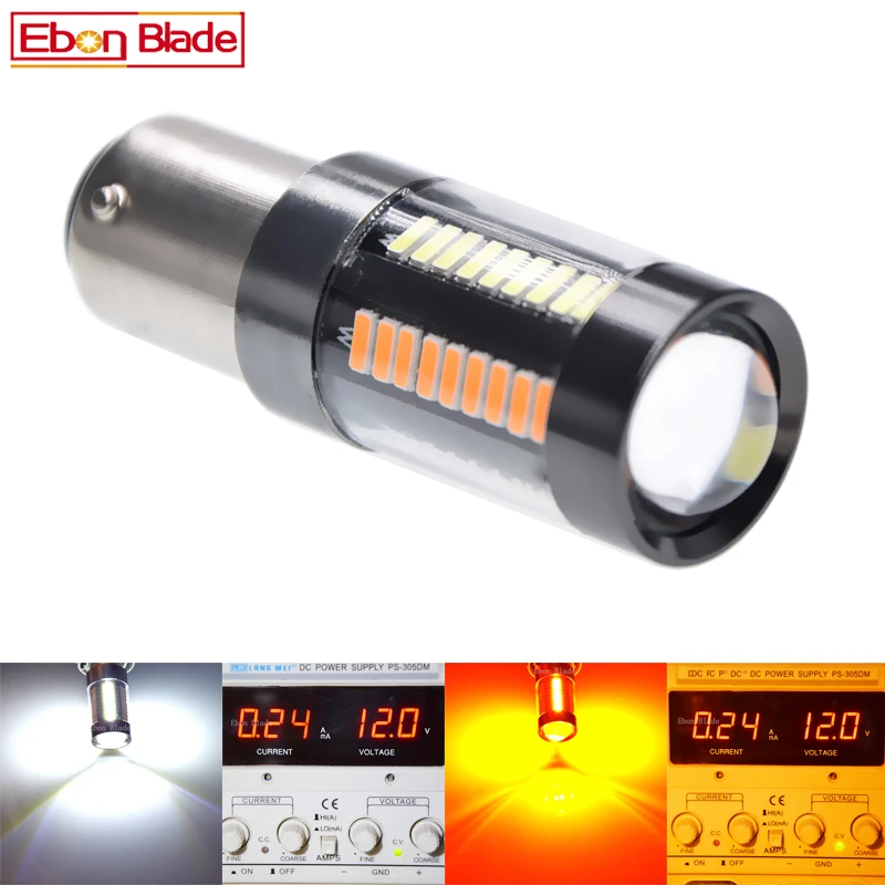 

2Pcs New S25 1157 BAY15D 66SMD 4014 LEDs Dual Color White / Amber Switchback Projector LED Driving DRL Turn Signal Light 12V-28V