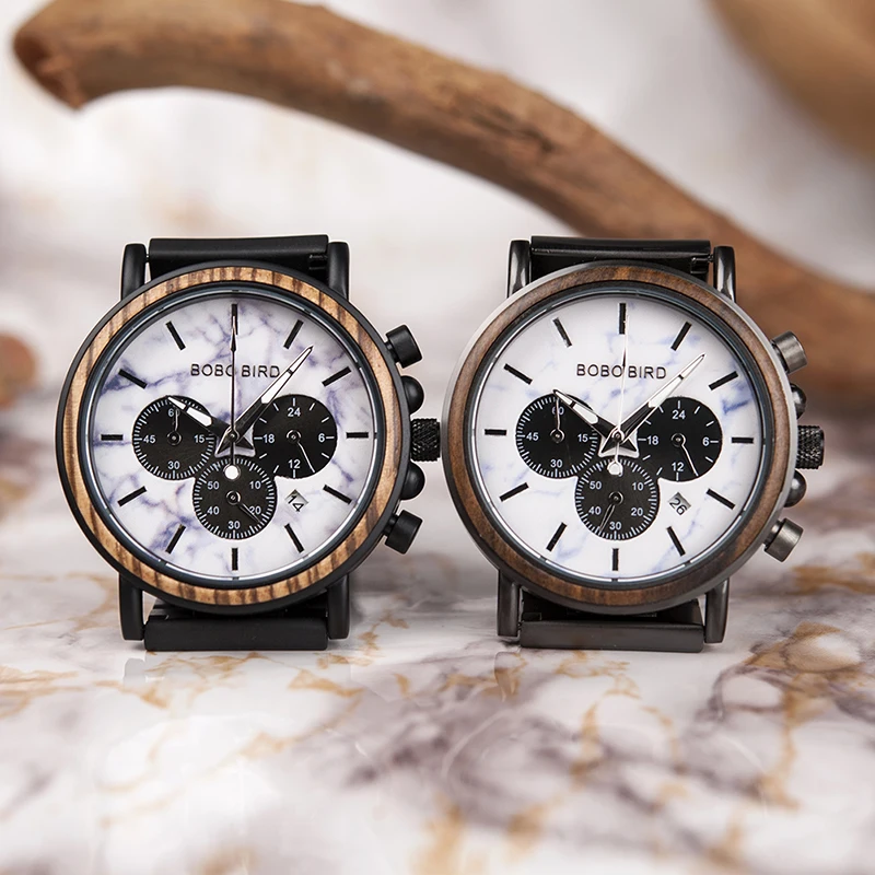 Marble Wooden Watch Men Stopwatch Wristwatch Male saat erkek BOBO BIRD show Date Create Clock Gift In Wood Box saat erkek