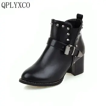 

QPLYXCO 2017 Big Size 30-48 Fashion round Toe Martin Boots Autumn Winter Woman Strap Rivets Ankle Botas Square Heels Shoes x-23