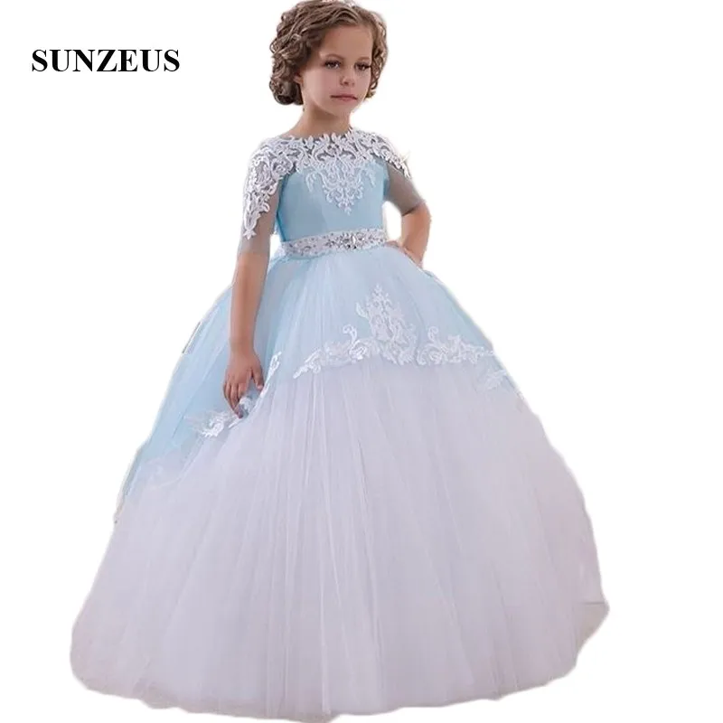 Blue and White Ball Gown Flower Girls Dresses Appliques Half Sleeve ...