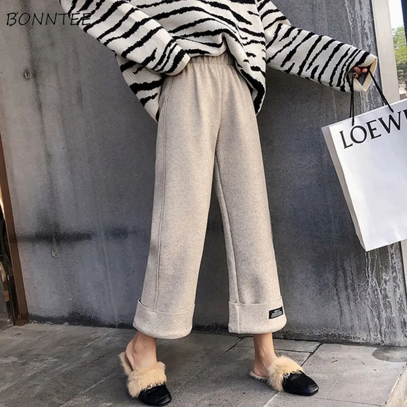 

Pants Women Woolen Casual Female Autumn Winter Straight High Elastic Waist Wide Leg Trousers Womens Ankle-Length Loose female