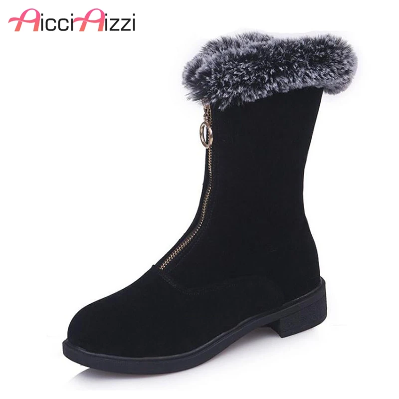 

AicciAizzi Women Warm Mid Calf Boots Plush Fur Flats Snow Boots Women Fashion Zipper Winter Shoes Round Toe Footwear Size 35-39