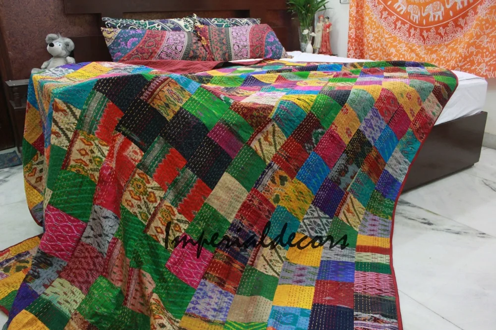 Indian Queen Kantha Quilt Floral Glazed Cotton Bedspread Boho Handmade Bed Cover 