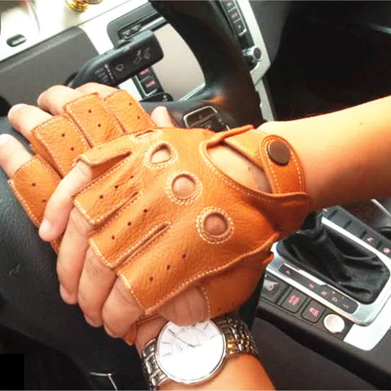 

New Style Genuine Leather Men's Gloves Spring Summer Driving Anti-Slip Imitation Deerskin Male Semi-Finger Sheepskin Gloves M045