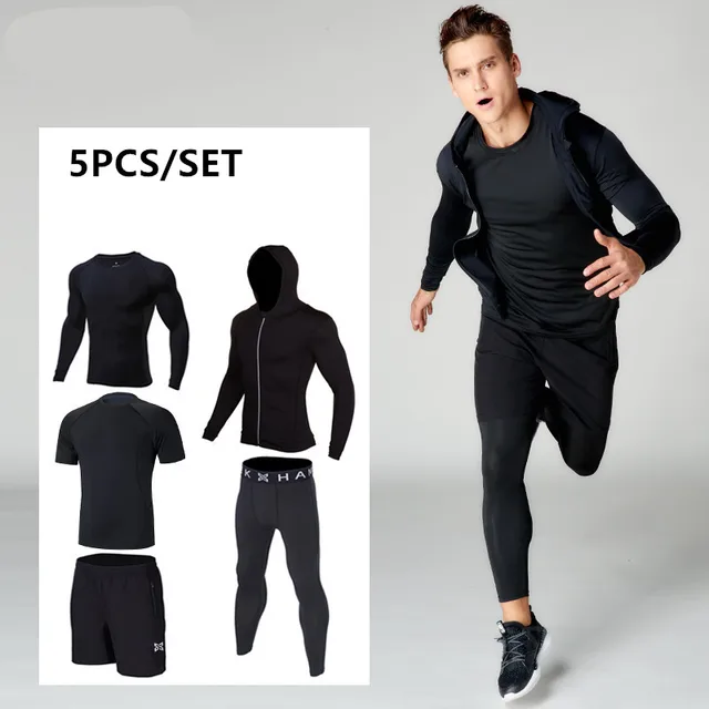 2018 sports running suit compression men fitness clothing sets quick dry hood basketball tights