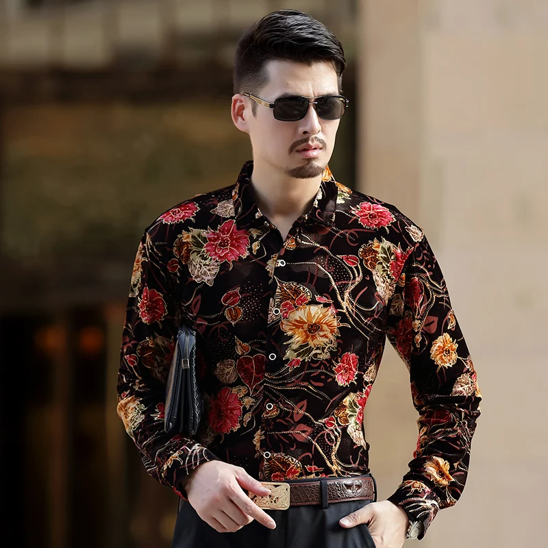 2017 New Arrival Men's Long Sleeve golden velvet Shirt Male Casual