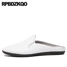 Настоящая кожа белый роскошь домашние тапочки закрытый носок лето мулы слайды воздухопроницаемый Дизайнерская обувь мужчины высокого качества сандалии тканый