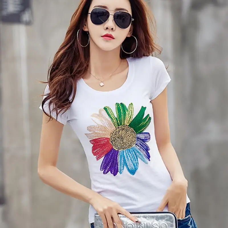 

Plus size women's new Korean version of the loose tops elegant fashion printing hot drilling short-sleeved round neck T-shirt
