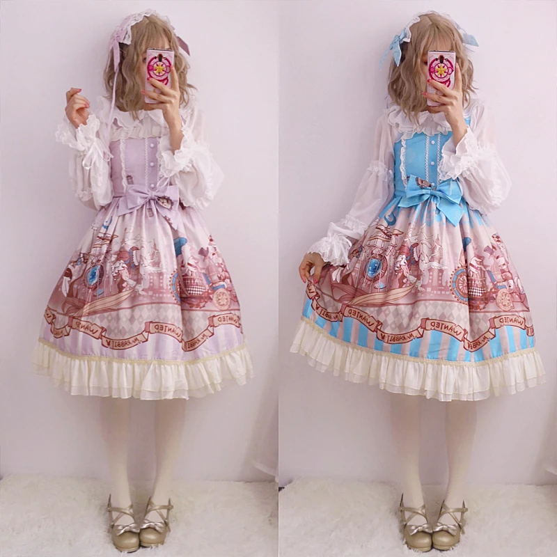 

Daily Sweet Lolita Cute Pirate Bunny Dolls Printed Suspender Dress Women Retro Bowknot Falbala Japanese JSK Sleeveless Dress