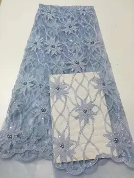 

African French Beaded Lace Fabric 2019 High Quality Sky Blue Lace Fabric Nigerian Tulle Mesh Lace Fabrics for Wedding Dress