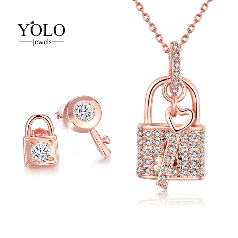 

YOLO Jewels Key and Lock Pattern Jewelry Set for Women Rose Gold Color Rhinestone Necklace AAA Cubic Zirconia Stud Earrings
