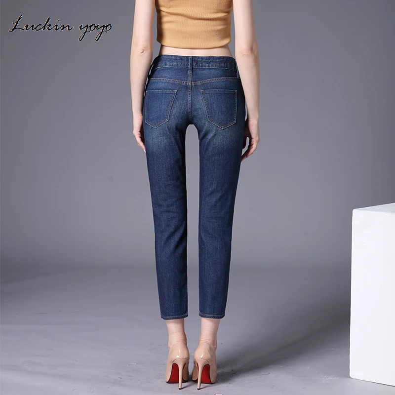 Women Casual Jeans High Waist Ankle Length Jeans Vintage Blue Mom Jeans Fashion Slim Jeans Women