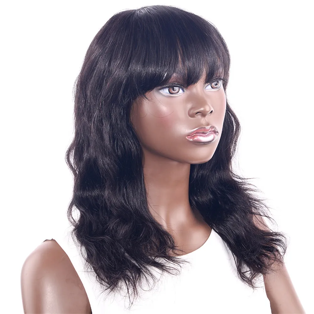 Шоколадные волнистые парики с челкой Человеческие волосы Remy 130% Плотность для афроамериканских женщин 132 г 16 дюймов натуральный цвет