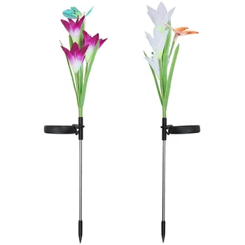 

Garden Solar Lights 3 Lily Head 1 Butterfly Color Changing LED Solar Stake Lights for Patio Backyard 2-pack