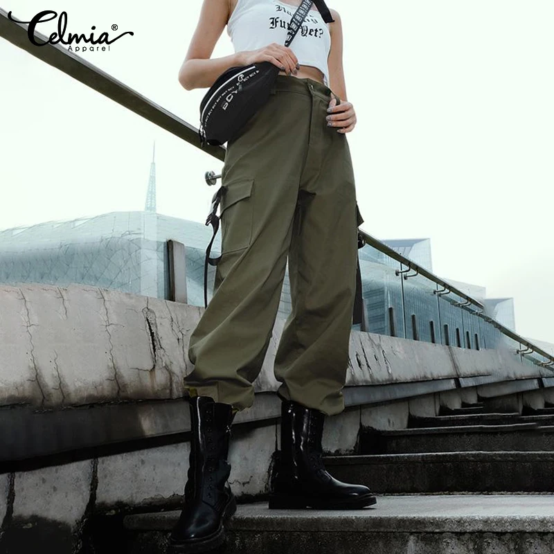 Comprar Celmia 2019 nuevos pantalones de cintura alta para mujeres pantalones sueltos Streetwear pantalones harem damas Cargo pantalones Capris Femme pantalones de talla grande