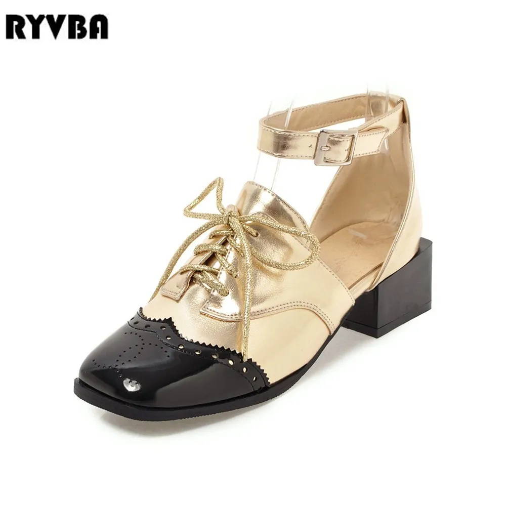 

RYVBA 2018 summer women mid heels pumps D'Orsay ladies womens fashion two piece casual pumps woman sexy patent square toe shoes