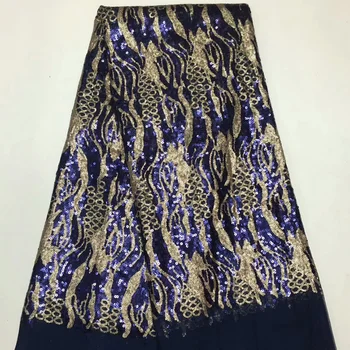 

African Embroidery Mesh Lace With Sequins For Women Dress Latest Nigerian French Net Lace Dark Blue Gold Sequin Lace Fabric