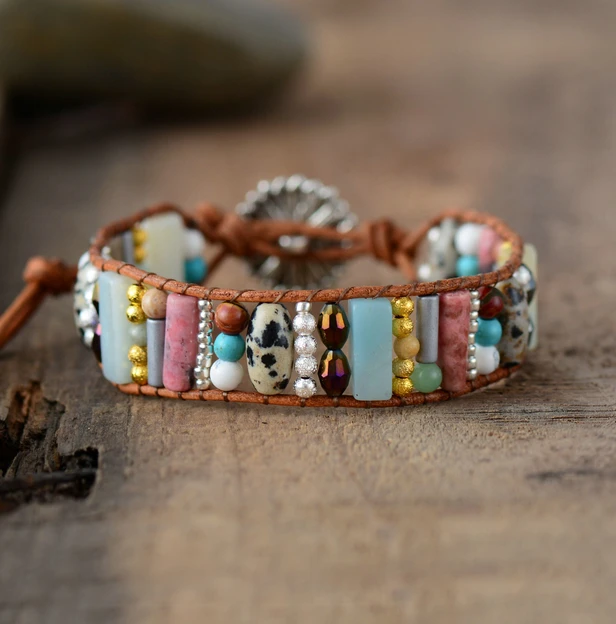 

Women Boho Bracelet Tube Shape Natural Stone Single Leather Wrap Bracelet Semi Precious Stone Beaded Cuff Bracelet Dropship
