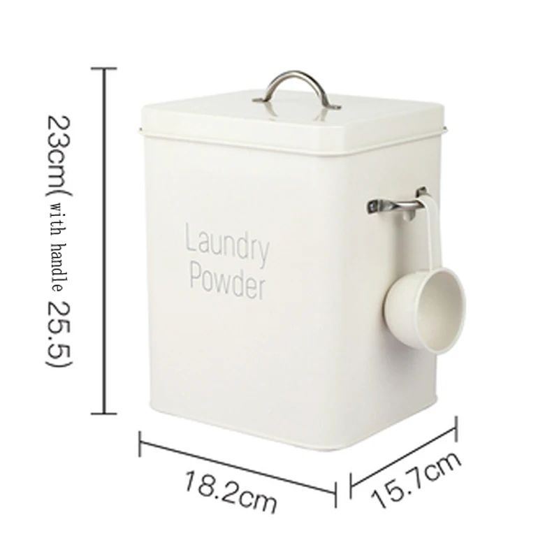 New-Beautiful Powder Coating Metal Zinc Laundry Powder Boxes Storage With Scoop White