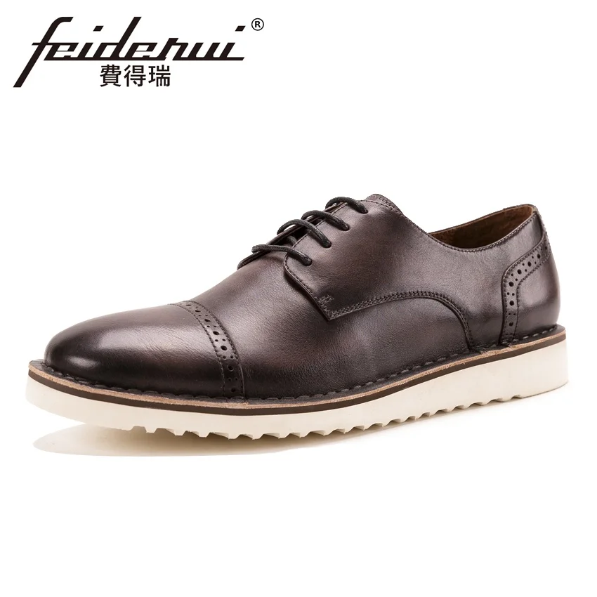 

New British Genuine Leather Men's Semi Brogue Footwear Round Toe Handmade Man Party Flat Platform Formal Dress Shoes KUD112