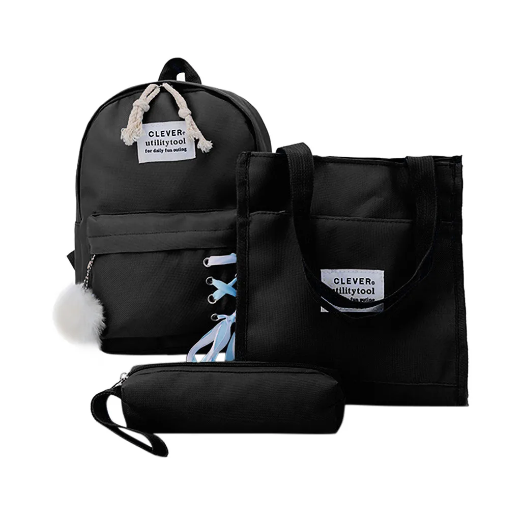 Детский рюкзак из парусины с бантом для волос, набор рюкзаков, школьная сумка на плечо для студентов, повседневный пенал, рюкзак - Цвет: Черный
