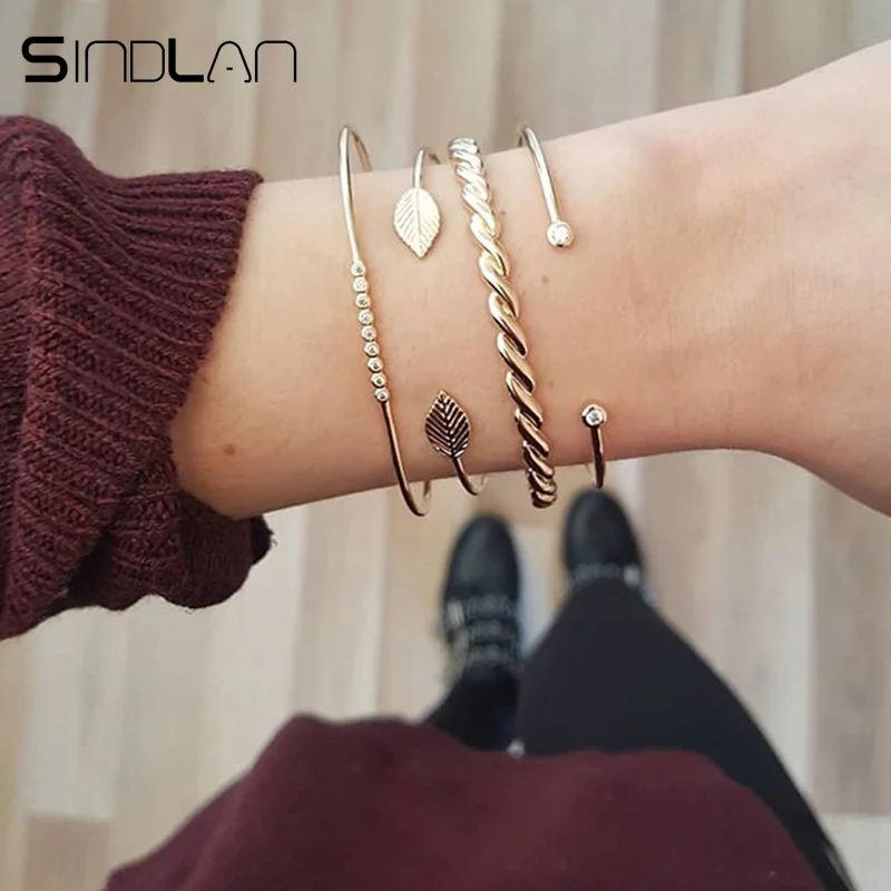 

Sindlan 4PCs Fashion Open Mouth Crystal Leaf Bangles Simple Boho Charm Bracelets for Women Twist Chain Wrist Bracelet Jewelry