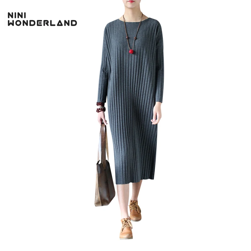 NINI WONDERLAND Autumn Knit Sweater Lady 2020 Spring Solid Cotton Pullover Dress Women Vintage Long Clothes Casual | Женская одежда
