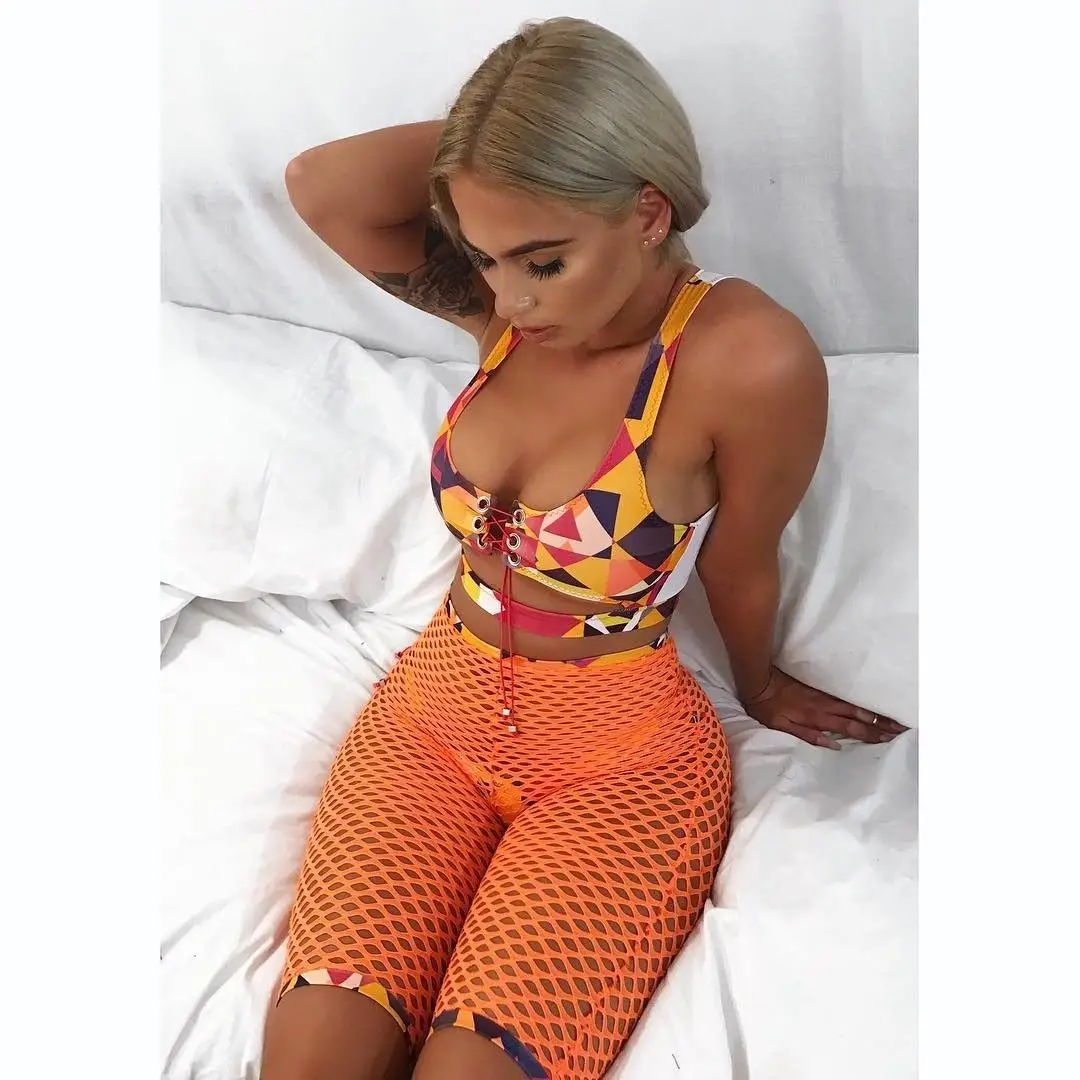 

3PCS Sexy Women Bikini Set Cute Fishnet Swimsuit Push Up Padded Bikini Swimwear Bathing Suit Fishnet Shorts
