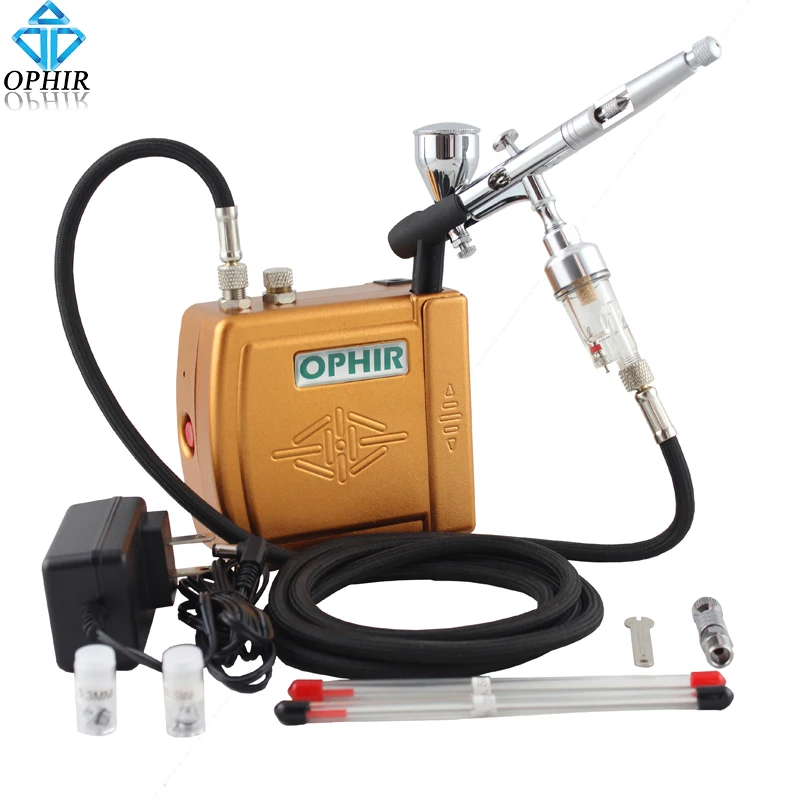 

OPHIR Free Shipping Golden 12V Airbrush Compressor Kit 3 Tips Dual-Action Airbrush for Tattoo Makeup_AC003G+AC070+AC011
