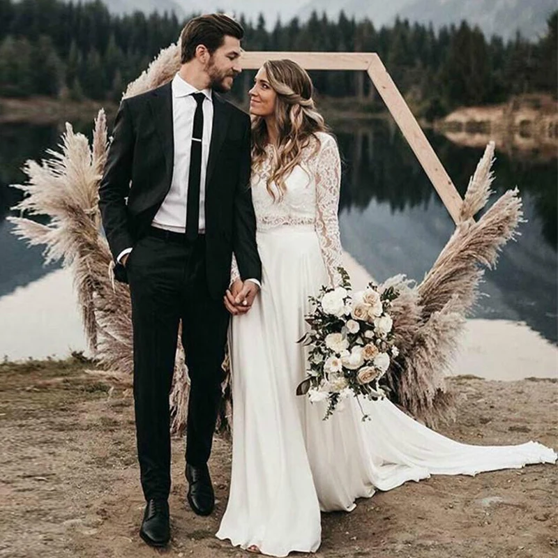 Two Pieces A Line Beach Wedding Dresses O Neck Long Sleeve Lace