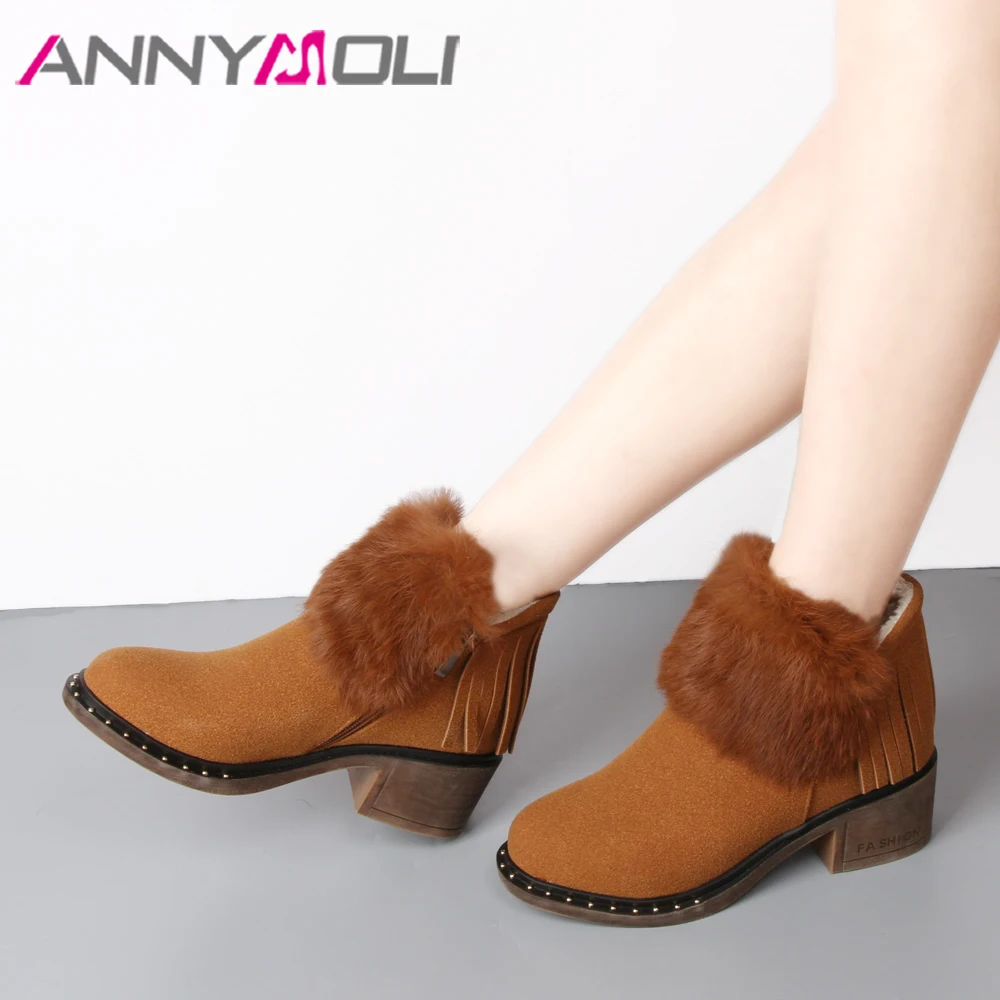 Kopen ANNYMOLI Kwastje Pluche Snowboots Enkellaars Winter Laarzen Schoenen Vrouwen Koe Suede Echt Konijnenbont Dikke Hoge Hak Zwart 42 43