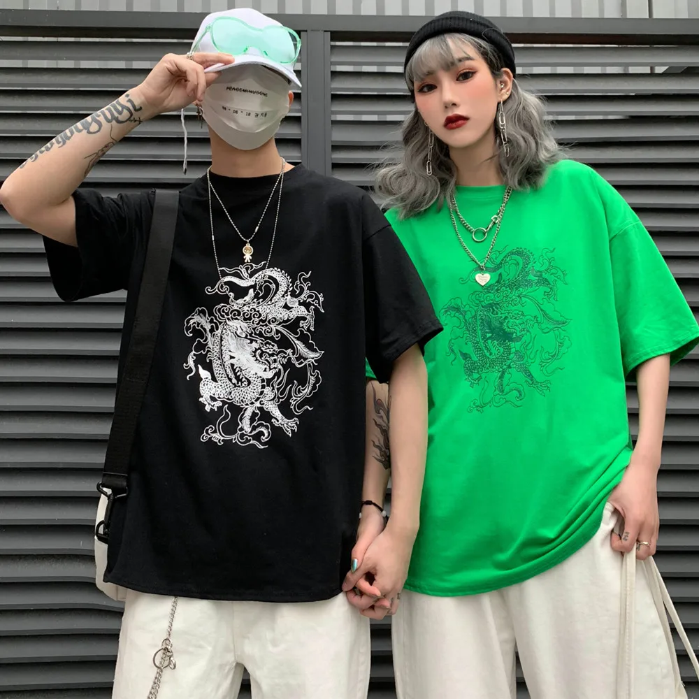 Neploe Винтажная с драконом Печать Свободный Топ Футболка Harajuku уличный короткими