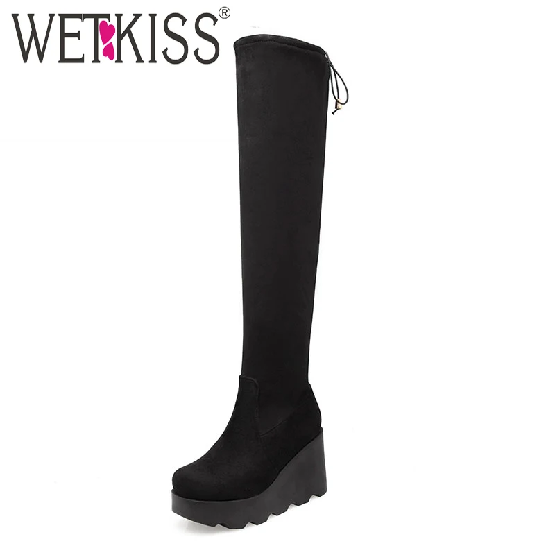 WETKISS 2016 New High Wedges Platform Thigh High Boots Add Fur Fashion Winter Boots Add Thick
