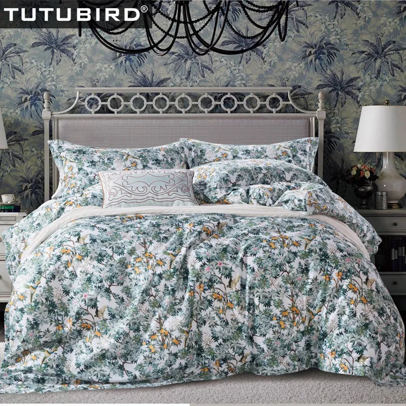 

European Egyptian Cotton exquisite Bed linen sheet maple leaf print bedding Set 4pcs princess Bedclothes hometextile