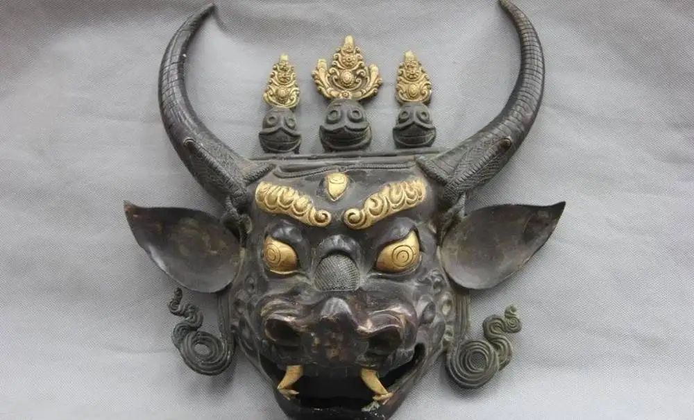 

14 Bronze Copper Gilt Yamantaka Head Mask Hayagriva Buddha Face Bull Ox Statue