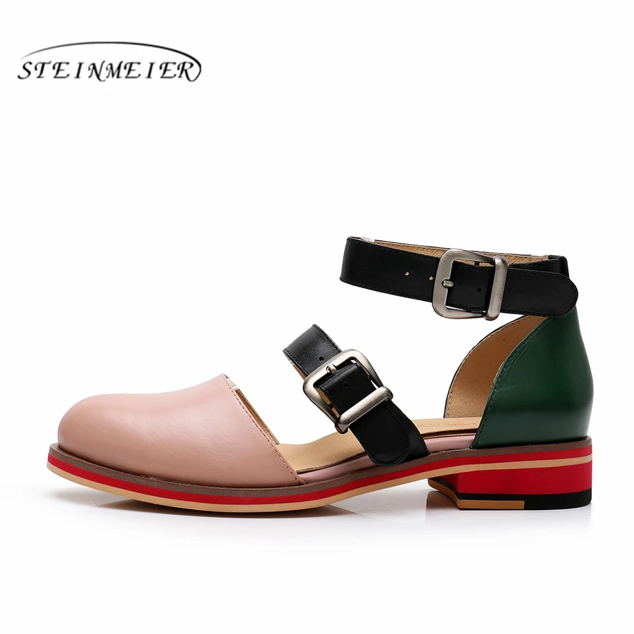 Women sandals 2019 summer yinzo ladies flat genuine leather wedges vintage platform double buckle red shoes for woman sandals