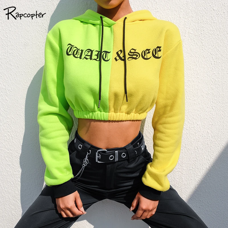 

Rapcopter Women Patchwork Hooded Pullovers Streetwear Full Sleeve Short Autumn Sweatshirts Fashion Female O-neck Letter Hoodies