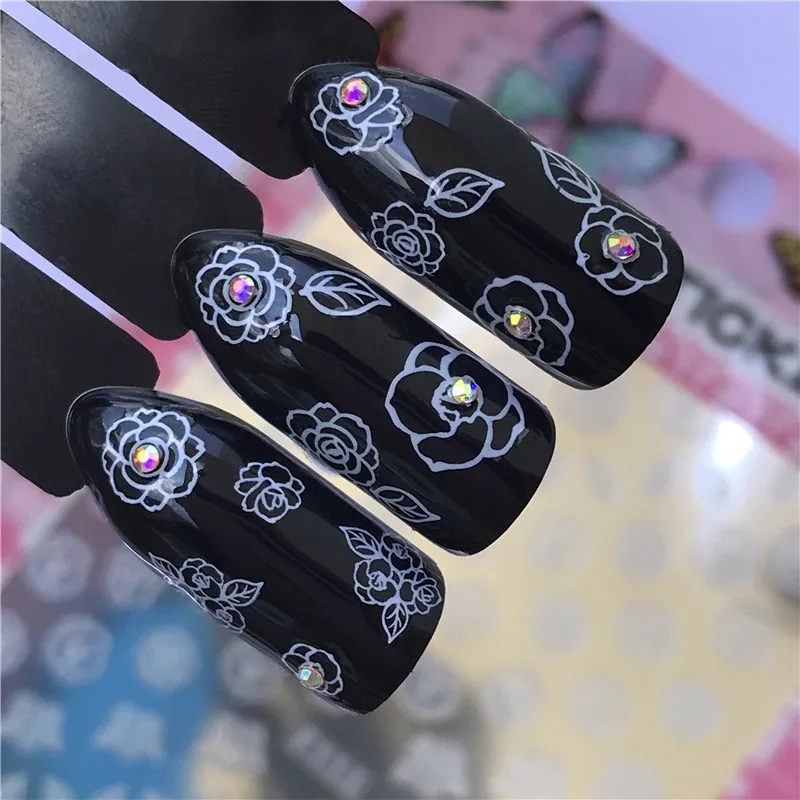 

YZWLE 1 Sheet Retro Nail Designs 3D DIY Sticker Nails Charm Nail Art White flowersSticker Thin Adhesive Decor Manicure Slice